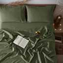 LBRO2M 100% Pure Linen Sheet Set Deep Pocket Up to 16" Bed Sheets Sets, Natural Flax Beddings Soft, Breathable, Comfortable for All Seasons 4 Pcs Sheet Set King Size, Olive Green
