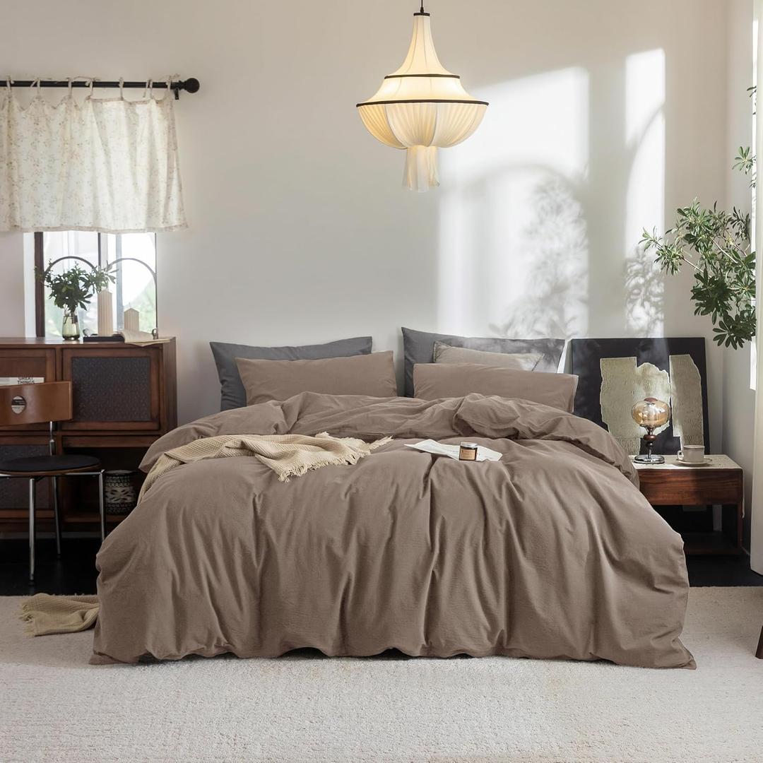 FOSSA Duvet Cover Set 100% Washed Cotton Linen Feel Super Soft Breathable Cozy 3 Pieces Bedding Sets Solid Pale Brown Queen