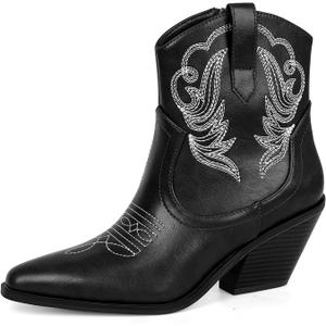 PIZZ ANNU Women's Embroidered Western Cowboy Boots Cowgirl Round Toe Short Ankle Boots Ladies Fashion Retro Classic Booties Chunky Heels (6, Black Pu)