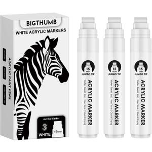 Thick White Jumbo Poster Markers: 3 Pcs 15mm Wide Tip Large Acrylic Paint Pens Big Permanent Markers Calligraphy Marker for Rock Painting, Sign, Canvas, Glass, Wood, Ceramic