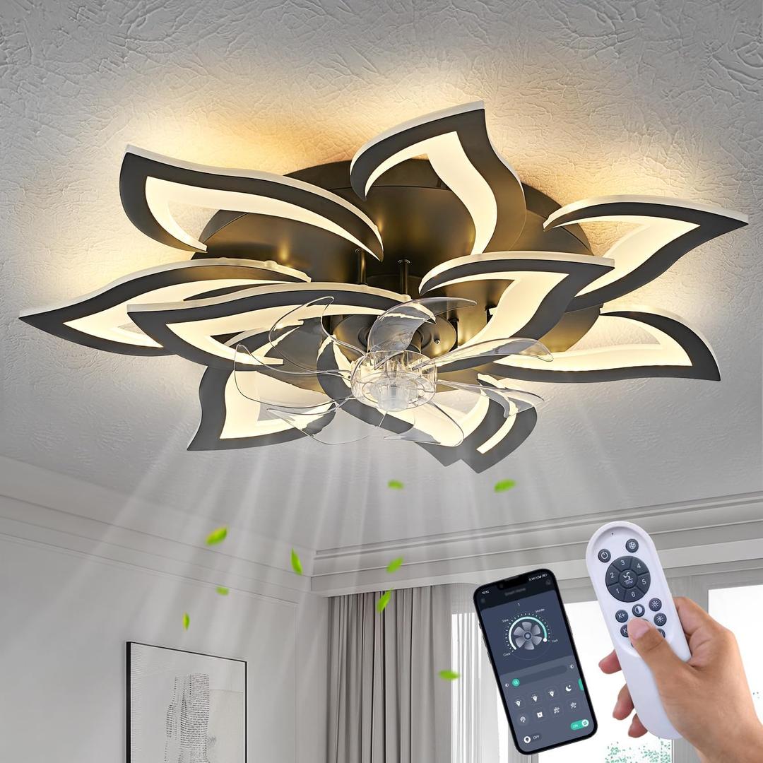 32" Modern Geometric Ceiling Fan with Lights Remote Control, Black 6 Speeds 3 Colors Low Profile Ceiling Fan with Light for Living Room