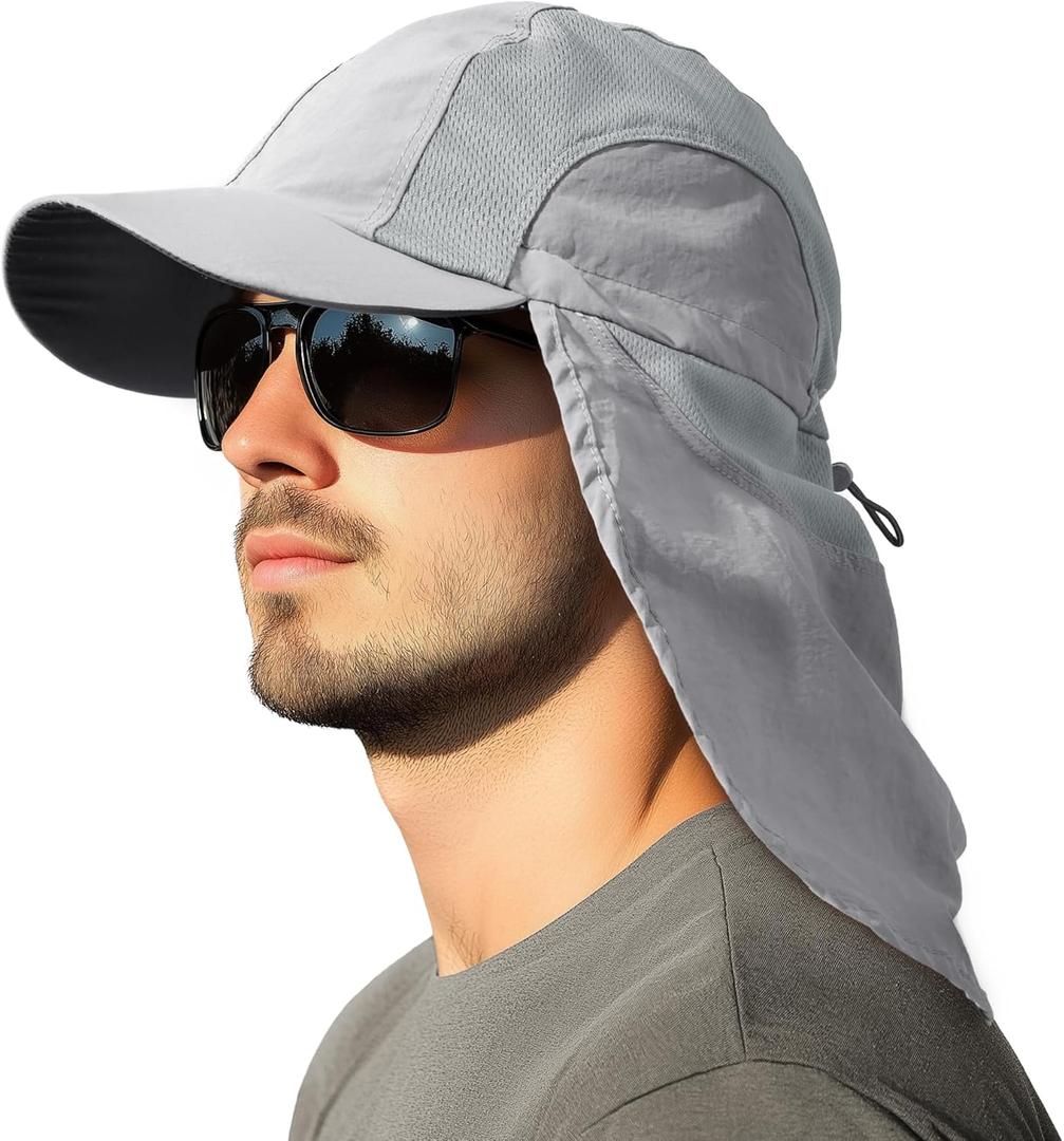 Mens Sun Hat with Breathable Mesh Sun Hats for Men Sun Protection Fishing Hat with Neck Flap for Hiking Cycling (Gray)