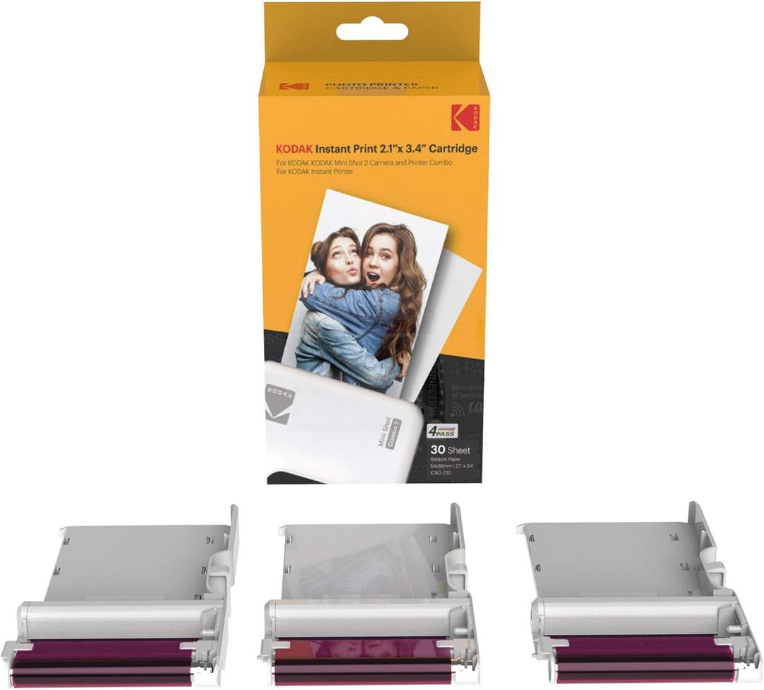 30 Pack Kodak 4PASS Real Photo (2.1"x3.4") & Laminate Process Cartridge, All-in-One Paper and Color Ribbon Refill-Compatible with Kodak Mini 2, Mini 2 Plus, Mini 2 Retro, Mini Shot, Mini Shot 2 Retro (white)
