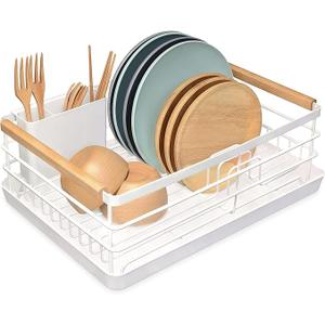 BRIAN & DANY Dish Drying Rack, Dish Racks for Kitchen Counter, Stainless Steel Dish Drainer with Removable Cutlery Holder & Drainboard, White (11.8"D x 16.5"W x 5.9"H)