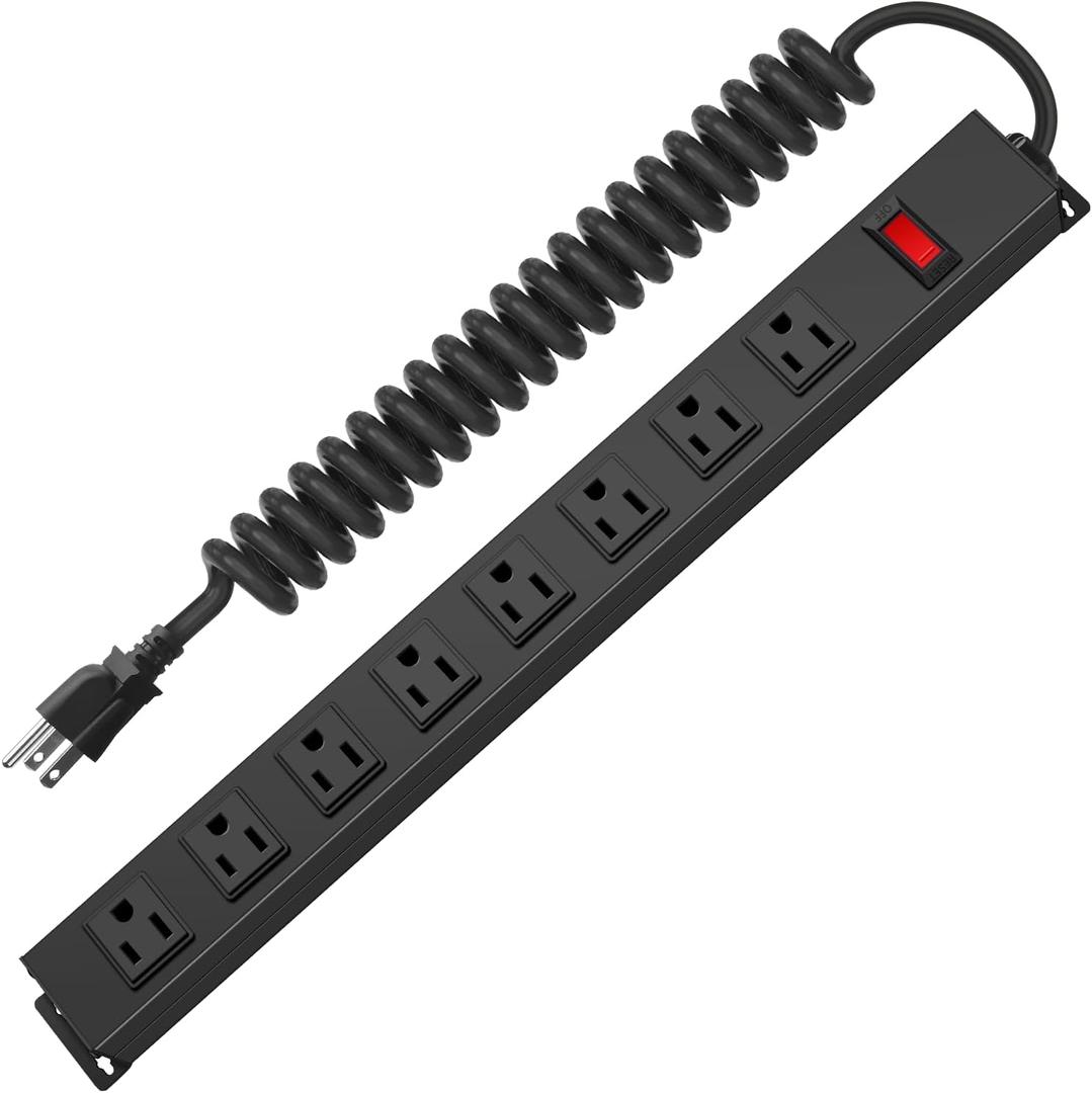 HHSOET 8 Outlet Metal Wall Mount Power Strip, Surge Protector Long Power Strip with Switch, Heavy Duty Wide Spaced Surge Protector, 10 FT SJT 14AWG Black Spring Cord.