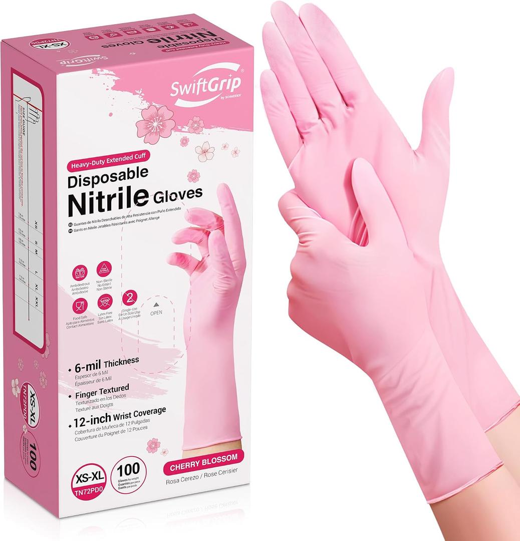 SwiftGrip Disposable Nitrile Dishwashing Gloves, Extended 12 Inches Cuff, 6-mil, Cherry Blossom Cleaning Gloves, Latex-Free (Pink, M)