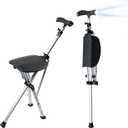 Cane with Seat Folding Lightweight, Walking Cane with LED Light, Adjustable Cane Chairs for Seniors Men Women, Aluminum Alloy Sturdy Walking Stick with Seat (Silver)