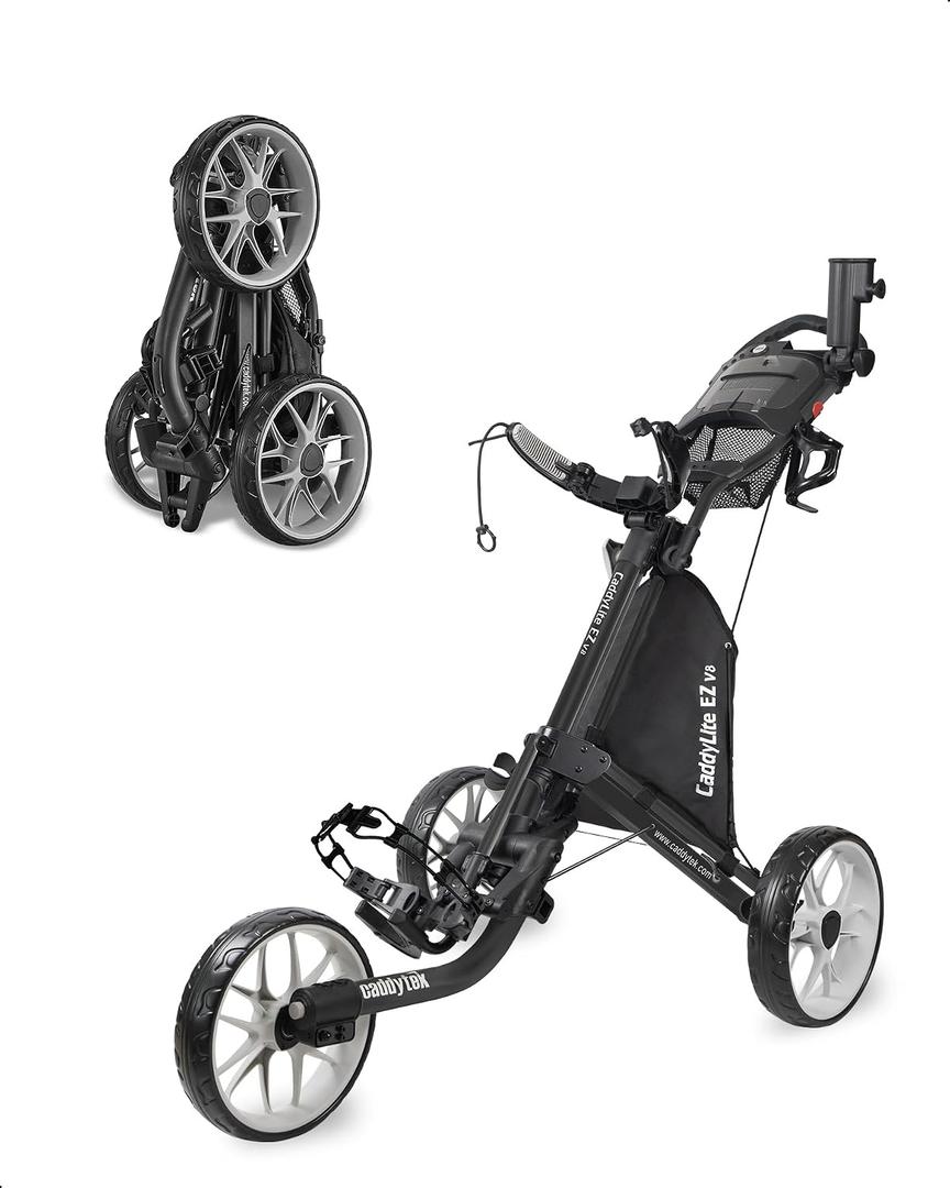 Caddytek CaddyLite EZ V8 Golf Push Cart - Lightweight 3 Wheel Foldable Cart with One-Click 2-Step Folding, EVA Wheels, Adjustable Handle, Cooler Basket, Umbrella & Drink Holder, Compact Golf Cart, One Size