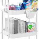 4-Tier Rolling Utility Cart, Metal Storage Cart with 3 Hanging Cups & 4 Hooks, Multifunctional Organization Cart with Lockable Casters for Bathroom, Kitchen, Living Room, Office, White