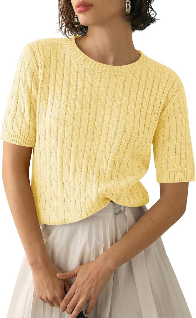 Saodimallsu Womens Cable Knit Sweater Tops Short Sleeve Crew Neck Loose Casual Summer Pullover Sweaters (Yellow, S)