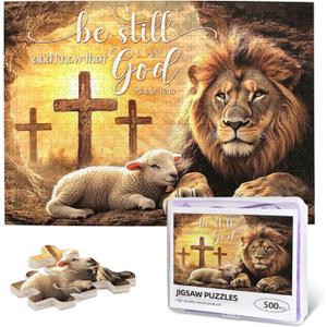 Christian Puzzles for Adults 500 Pieces Lion and Lamb Jigsaw Puzzle Religious Cross Inspirational Spiritual Bible Puzzle for Home Church Decor Christian Gifts