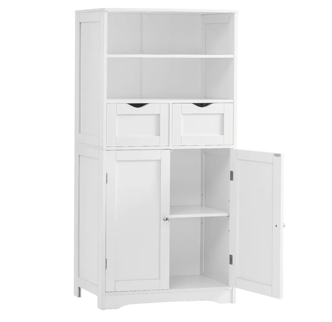 TEENFON Tall Bathroom Floor Storage Cabinet, Bathroom Linen Storage Cabinet with Adjustable Shelf & 2 Drawers, Freestanding Cabinets for Living Room, Dining Room, Entryway, White