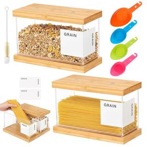 Acellegic 2 Pcs 2L Bamboo Food Dispenser Kitchen Organizers and Storage with Labels Airtight Pantry Organizers and Storage Container with Measuring Cups for Cereal, Rice, Flour, Sugar, Snack