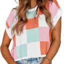 Saodimallsu Womens Cap Sleeve Crop Tops Summer Color Block Going Out Crew Neck Knit Trendy Casual Sweater (Small)