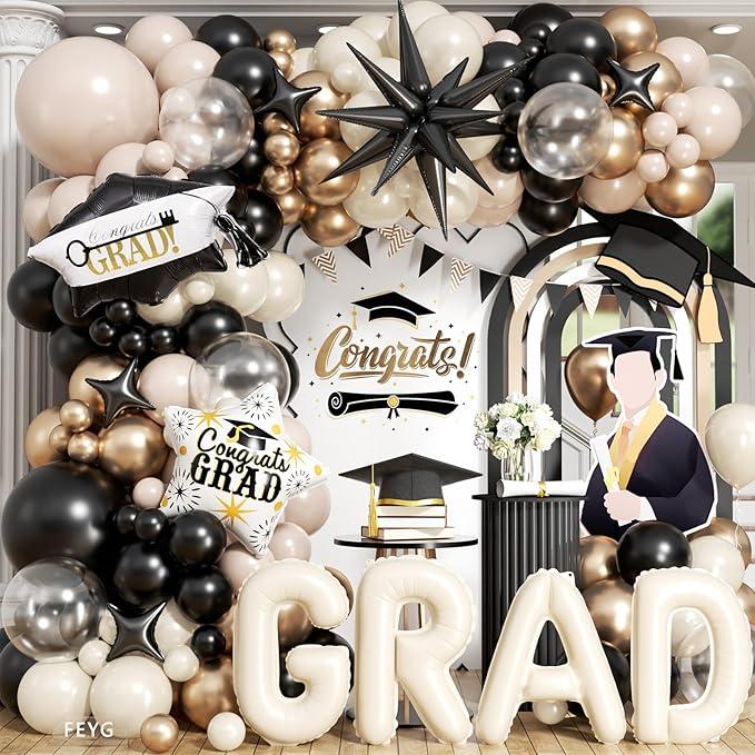 Graduation Balloons Arch Garland Kit, Graduation Party Decoration, Black Sand White Balloon Star Balloon Grad Foil Balloons Grad Banner for College School Class of 2026 Congrats Grad Party Supplies