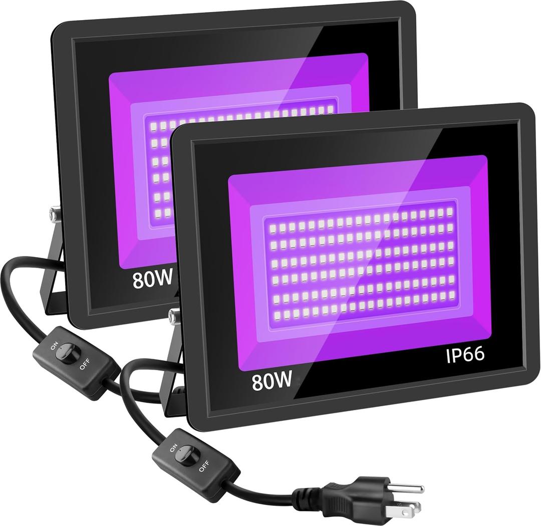 2 Pack 80w Black Light, 365nm Black Flood Light Outdoor with Plug and Switch, IP66 Waterproof Blacklight for Glow Party, Stage Lighting, Fluorescent Poster, Body Paint