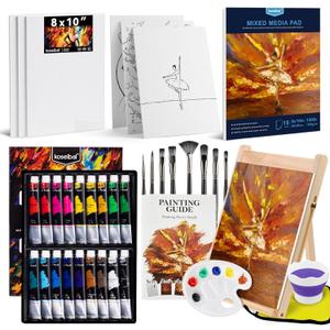koseibal Acrylic Paint Set for Adults & Kids - 37PCS Art Painting Supplies Kit with 18 Colors Acrylic Paint, 8 Paint Brushes,6 Canvas Panels, Wooden Easel,Palette, Painting Pad