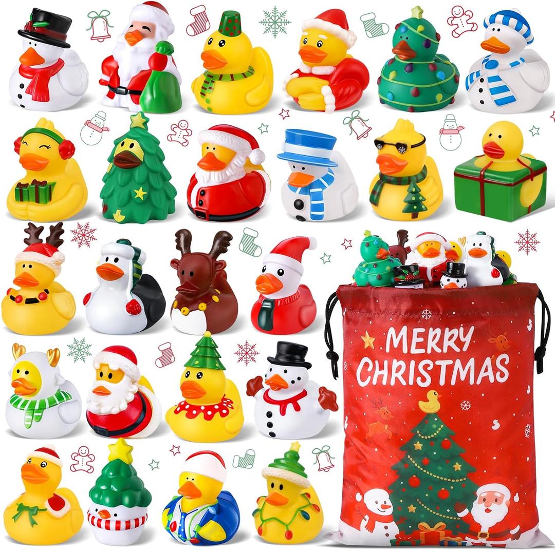 24 Pcs Christmas Rubber Ducks with a Bag, Christmas Stocking Stuffers for Kids, Santa Duckies for Xmas Party Favors Decorations, Ducks for Jeeps Classroom Gift Exchange, Baby Bath Toys
