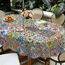 Yighty Oval Outdoor Tablecloth with Umbrella Hole 54x72In,Boho Blue Floral Outdoor Zipper Table Cloth,Waterproof and Wrinkle Resistant Washable Oval Tablecloths for Picnic,Party,Camping and BBQ