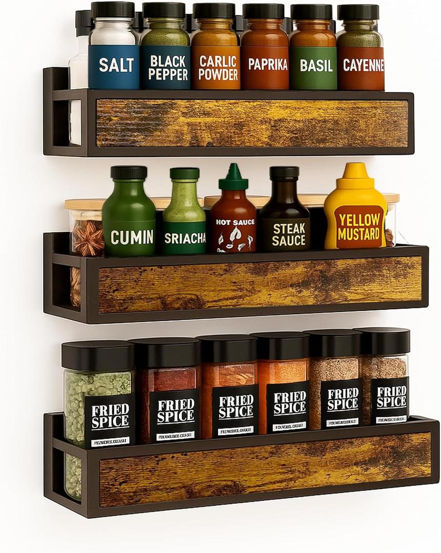 Spice Rack Wall Mount 3 Pack, Space-Saving Seasoning Organizer,Screw or Adhesive Hanging Spice Rack Organizer for Kitchen Cabinet and Wall (Engineered Wooden) (Black)
