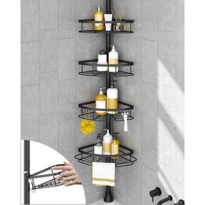 SEIRIONE Corner Shower Caddy Tension Pole, Rustproof Bathroom Shower Organizer Corner, 4-Tier Adjustable Bathroom Shelf, Solid Rack Ideal for Bathtub Storage, 34 to 116 Inch Height, Black