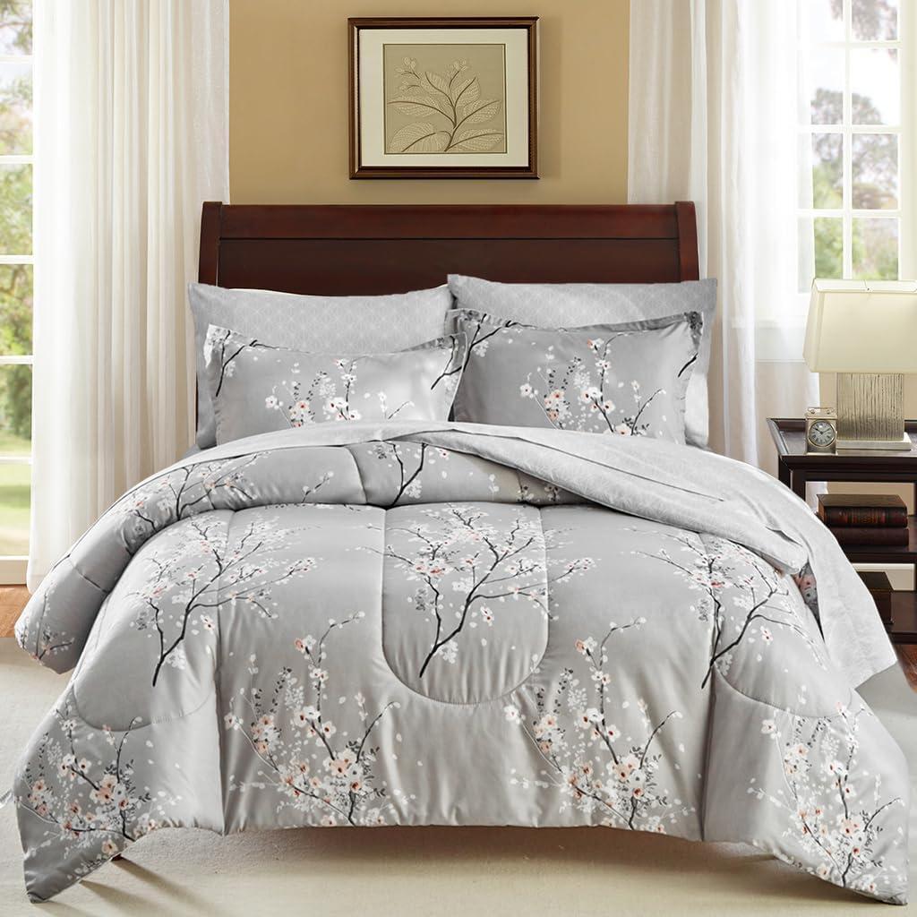 AIKASY Bed in a Bag 7 Pieces Queen Size - Floral Print - Soft Microfiber, Reversible Bed Comforter Set (1 Comforter, 2 Pillow Shams, 1 Flat Sheet, 1 Fitted Sheet, 2 Pillowcases)Grey, Queen