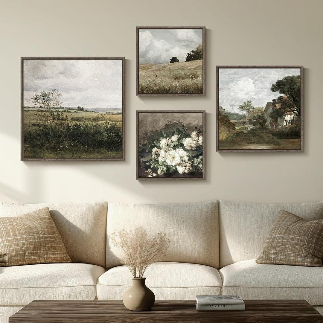 4 Piece Framed Vintage Landscape Wall Art for Living Room, Large Rustic Farmhouse Canvas Pictures Artwork for Walls, French Country Botanical Prints Paintings for Bedroom and Dining Room Wall Decor, 24" H X 30" W