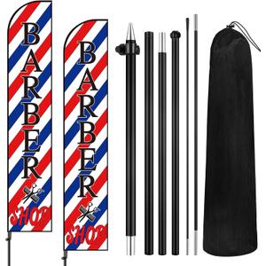VitalCozy 2 Set Barber Flag Barbershop Themed Swooper Flag Banner with Pole Kit Open Feather Barber Sign for Salon Business Advertising Outdoor Outside(14.8 Ft)