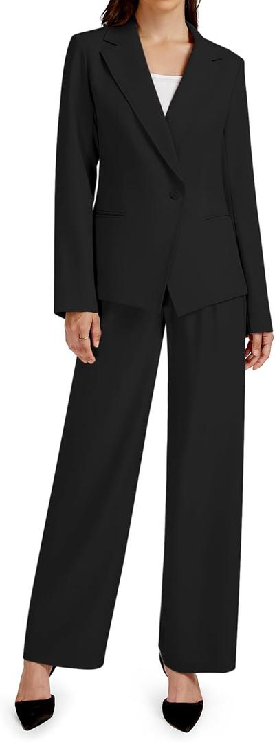 2 Piece Outfits for Women Business Casual Single Button Blazer Jacket and Wide Leg Pants Matching Suit Sets (X-Small, Black)