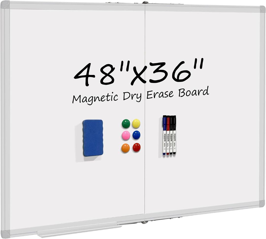 Dry Erase White Board 48 X 36 Inch, Wall-Mounted Silver Aluminum Frame Marker Presentation Board, 4' X 3' Foldable Portable Whiteboard with Pen Tray for School, Classroom, Office & Home