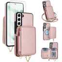 Phone Case for Samsung Galaxy S22 5G Wallet Zipper Handbag Cover and Screen Protector Crossbody Lanyard Strap 2-in-1 Magnetic Detachable Compatible with MagSafe RFID Blocking Flip S 22 Rose Gold