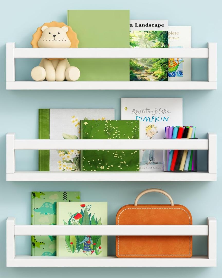 Harwaya White Nursery Floating Book Shelves for Wall Set of 3, Kids Wall Shelves for Baby Room Bedroom, Modern Hanging Bookshelf for Baby Toddler Children Girls Boys Decor and Toys Books Storage (16.5 Inch Long)