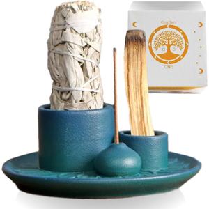 2 x 4-in-1 Palo Santo Holder, Sage & Incense Stick Burner  Ceramic White Ash Catcher Tray for Meditation, Yoga, Smudging & Spiritual Cleansing  Incense Holder for Sticks & Sage (Blue)
