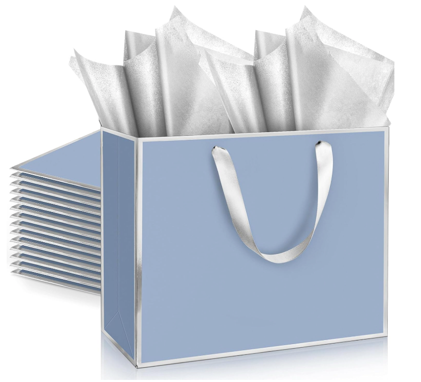 ReliThick 12 Pack Metallic Paper Gift Bag with Handles and Tissue Paper 11.8 x 10 x 4'' Thank You Favor Bag for Graduation Mother's Day Wedding Bridesmaid Groomsman 5 Senses Gifts (Dusty Blue,Silver)