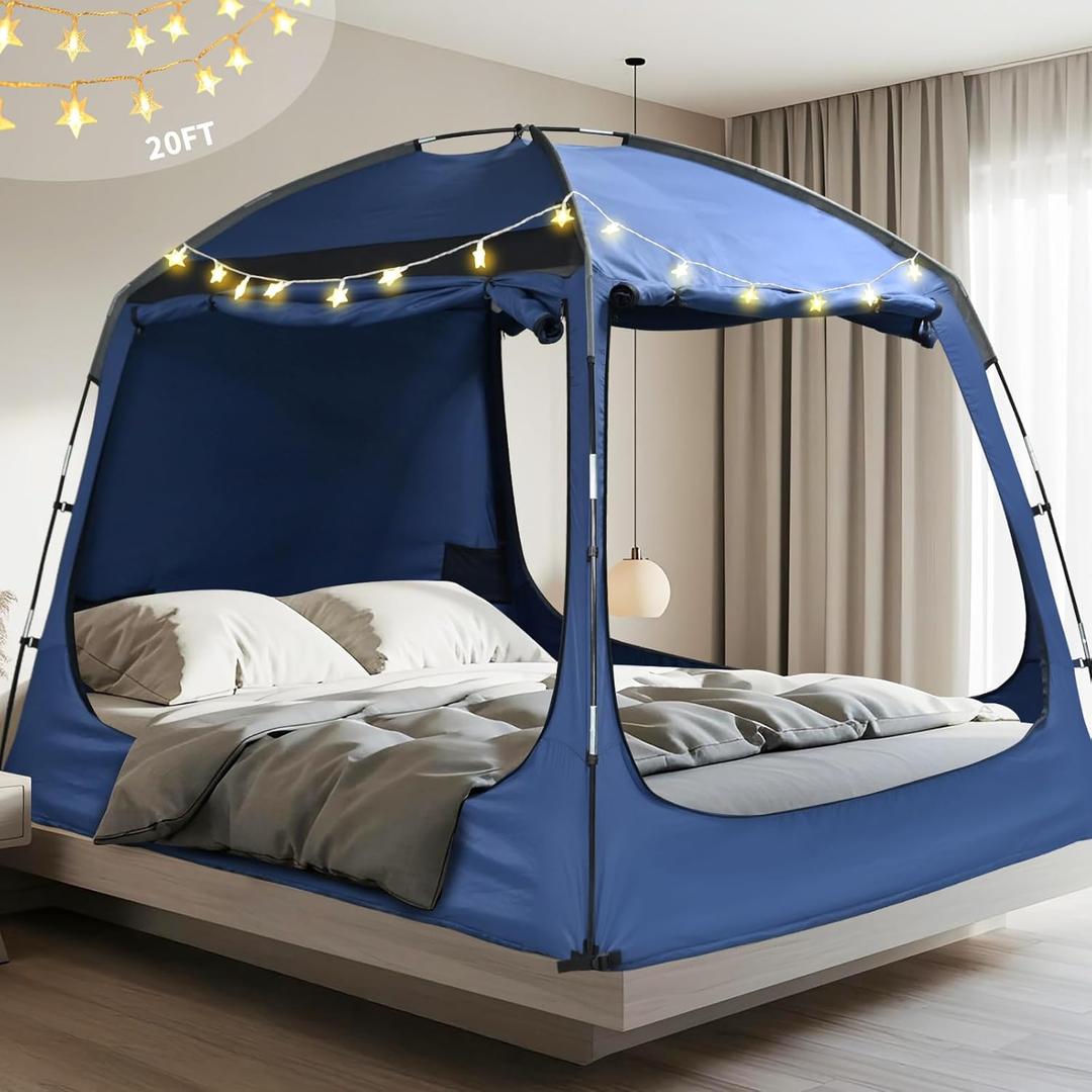 Bed Tent Twin Full Queen King Size Canopy Tent for Kids and Adult - 80% Blackout Indoor Sleeping Tents with Star String Lights, Big Space Breathable Dome Tent Playhouse for Boys & Girls