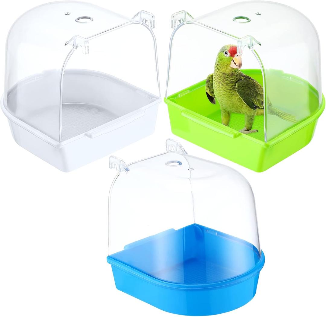 3 Pieces Clear Bird Bath for Cage Parakeet Bird Cage Accessories Hanging Bath Box Parrot Bathing Tub with Clear View for Cockatiel Conure Canary Budgies Parrots Blue Green White (Classic Colors)