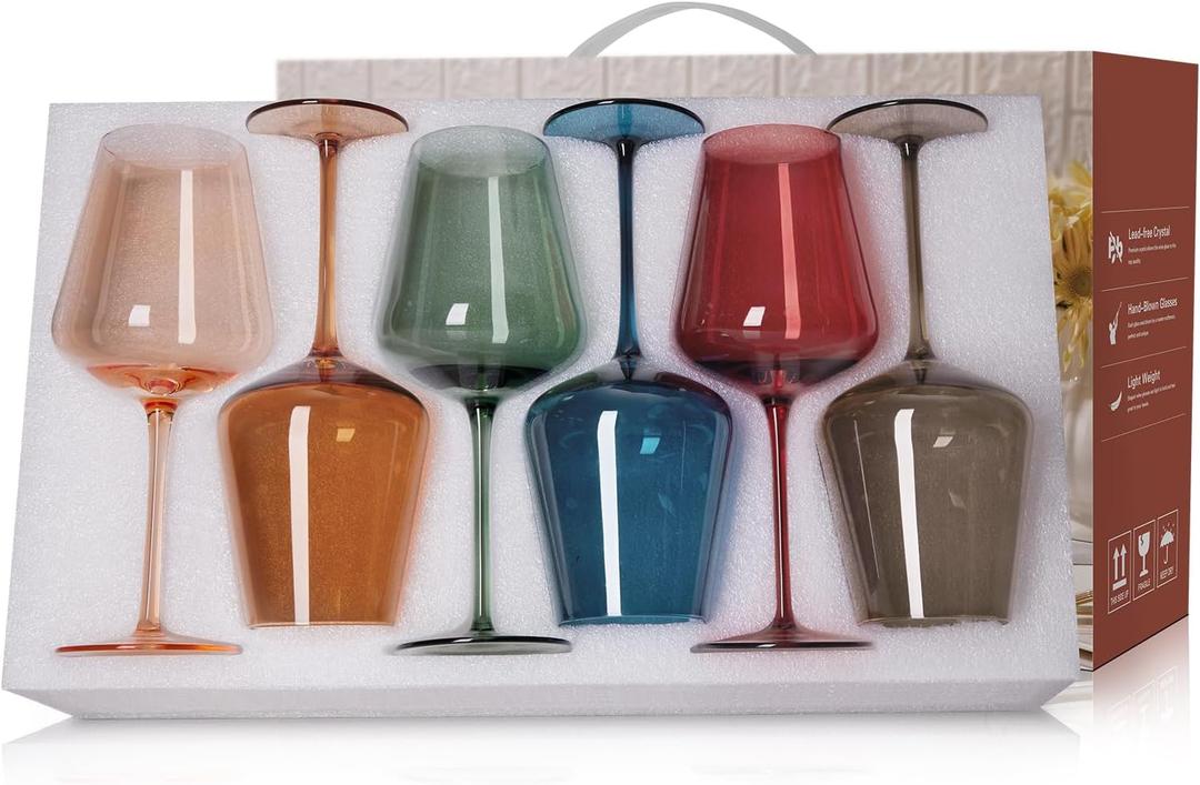 Colored Glasses Set of 6-17oz, Hand Blown Crystal Colorful Glasses with Long Stem, Unique Gift for Wedding, Birthday, Christmas