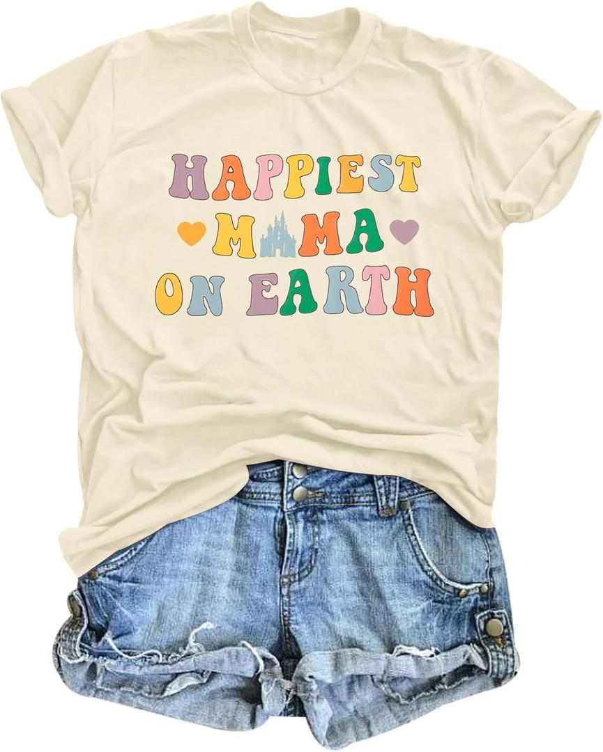 JINTING Mama Shirt Women Happiest Mama On Earth T-Shirt Funny Magic Kingdom Tee Shirts Short Sleeve Tops (Small)