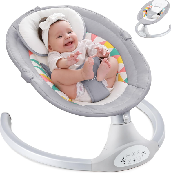 LAREX Baby Swings Electric Baby Swing Bluetooth Infant Swing Portable Rocker with 5 Speeds, 1 Seat Position, Remote Control, Grey