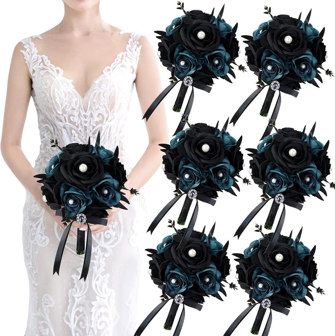 Set of 6 Bridesmaid Bouquets for Wedding - 7 inch Artificial Flower Bouquet Silk Rose with Pearls Gothic Small Floral Bouquets for Bridal Shower Marriage Proposal Halloween Party Ceremony Anniversary (Black & Blue)