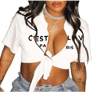 Sexy Graphic Crop Tops for Women Summer Short Sleeve Tie up Tee Shirt (Medium, Cest White) Sexy Graphic Crop Tops for Women Summer Short Sleeve Tie up Tee Shirt (Medium, Cest White)