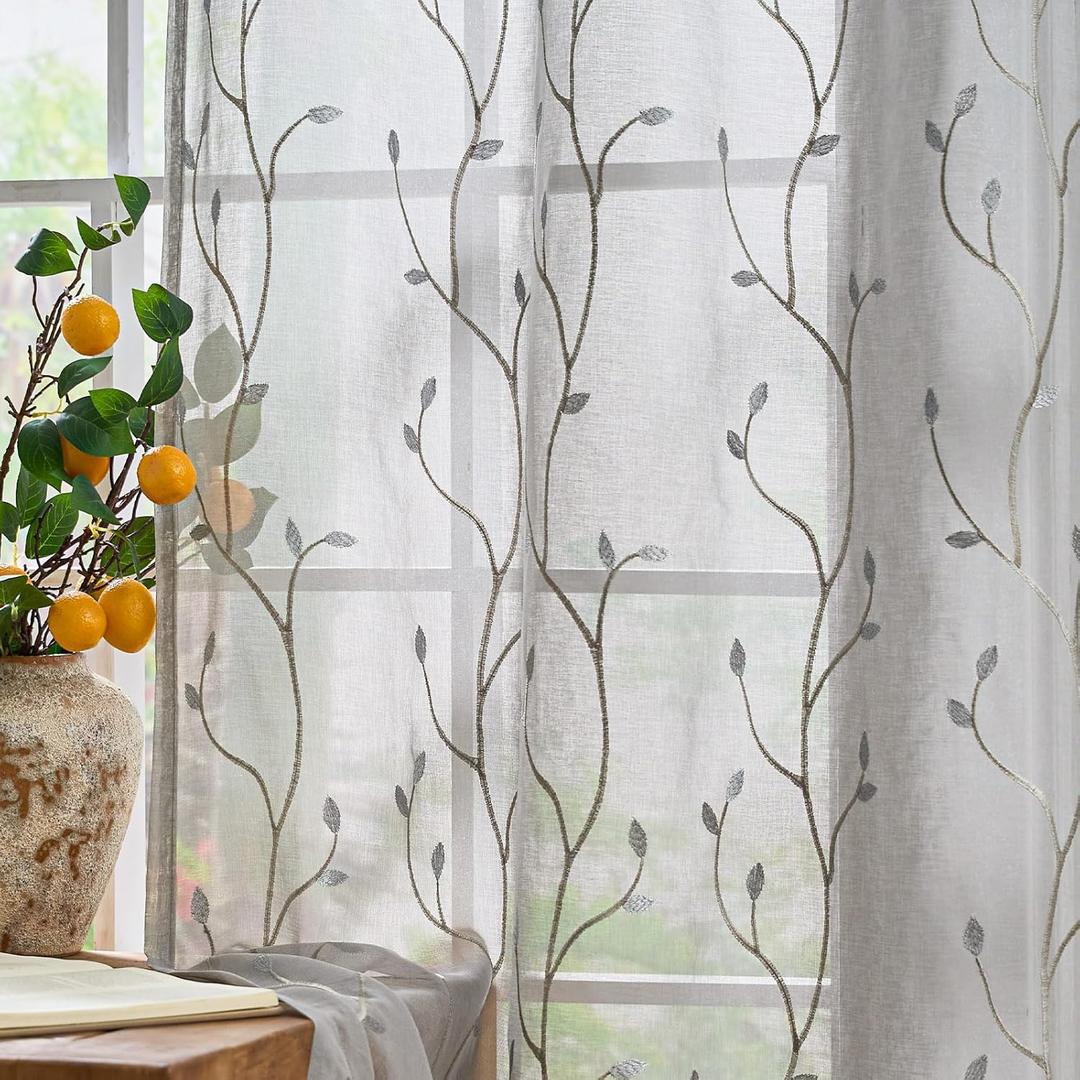 jinchan Grey Sheer Curtains for Bedroom 63 Inch Length Leaf Embroidered Semi Sheers for Living Room Botanical Embroidery Voile Transparent Grommet Window Treatments 2 Panels