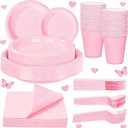WELLIFE 210 PCS Pink Plastic Plates for 30 Guests - Disposable Dinnerware Set Including Dinner Plates, Dessert Plates, 12oz Cups, Cutlery & Napkins, Pink Party Plates for Valentines and Galentines