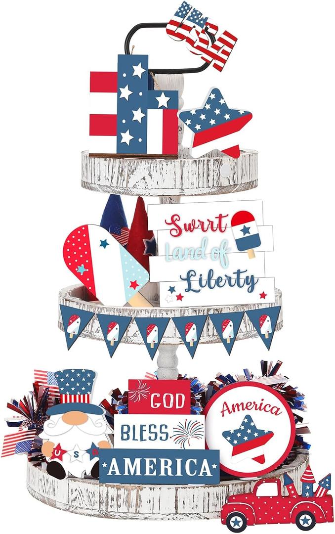 FairySandy 15 Pcs Memorial Day Decorations 4th of July Patriotic Tiered Tray Decor 250th Anniversary Farmhouse Wooden Signs American Flag Red White and Blue Decor for Independence Day Birthday Party