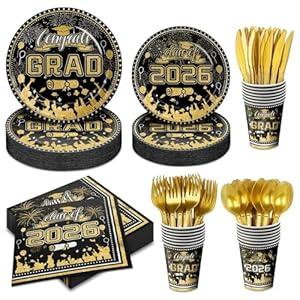 175Pcs Graduation Decorations 2026 Party Supplies, Paper Plates and Napkins Set , 25 Guests Congrats Grad Disposable Tableware Set Include Paper Plate Napkin Cup Knife Fork Spoon for Grad Table Decor