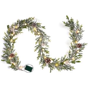 9FT Snow Cedar Pine Garland,Prelit Christmas Garland with Timer,Realistic Garlands Battery Operated for Winter Holiday Outdoor Staircase Decorations 30LED