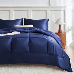 MR&HM Queen Comforter Set Navy Blue, Reversible Satin Microfiber Comforter Set for All Seasons, 3 Pieces Non-Slip Silky Soft Bedding Sets with 1 Comforter (90"x90") and 2 Pillowcases (20"x26")