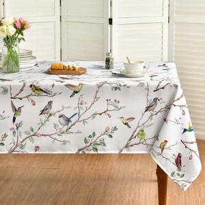 Horaldaily Spring Summer Tablecloth 60x84 Inch Rectangular, Birds Branch Floral Table Cover for Party Picnic Dinner Decor (White)