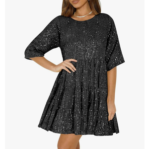 Women Sparkly Sequin Dress Short Flowy Tiered Tunic Dress Shiny Loose Glitter Party Club Night Out Mini Dress
 S