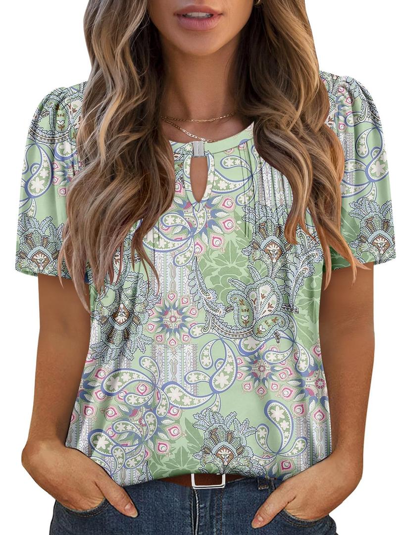 Angerella Womens Casual V Neck Short Sleeve Floral Boho T Shirts Trendy Summer Tops Pleated Tunic Blouses Bean, Green Small